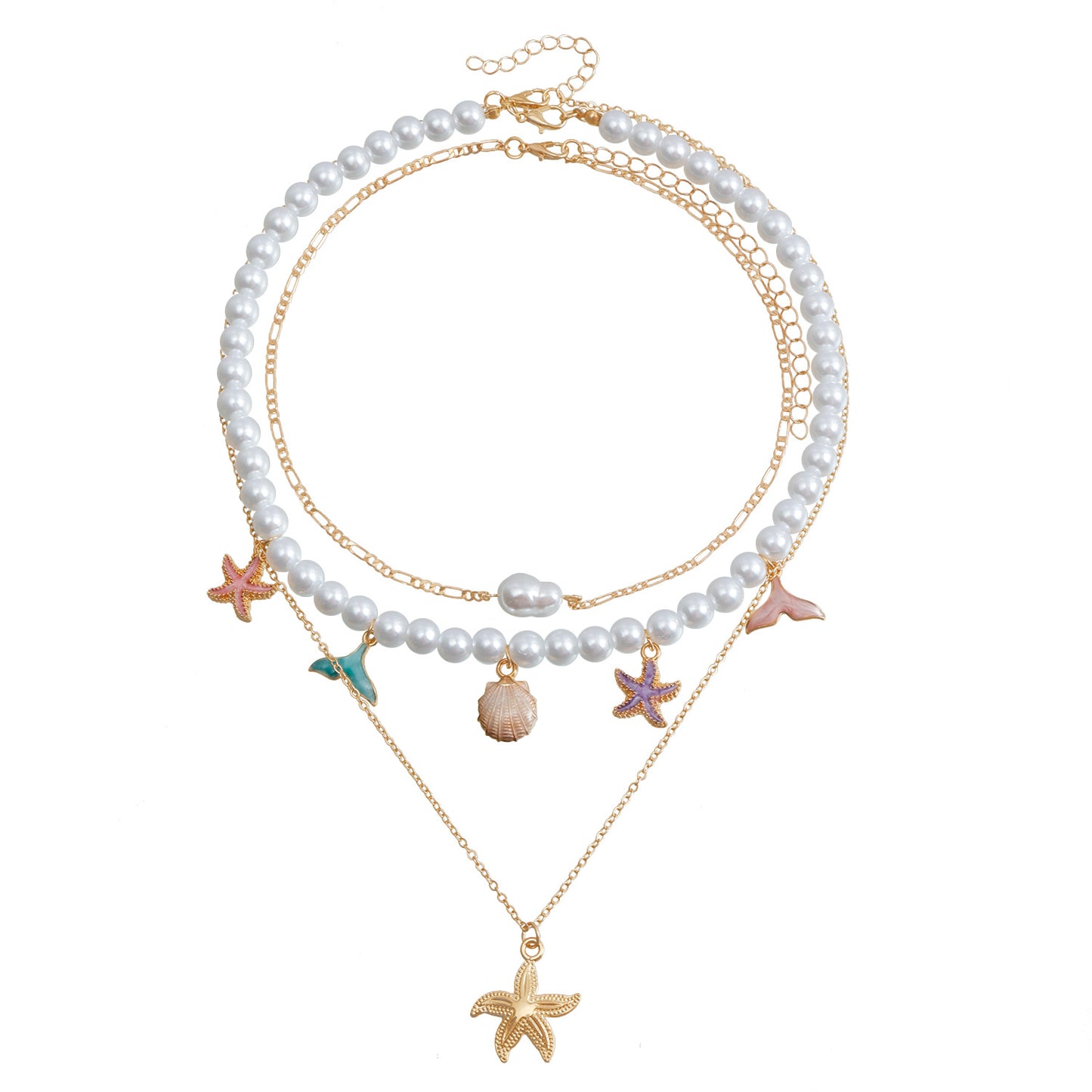 Vintage Ocean-Inspired Starfish and Seashell Pendant Necklace for Women with Alloy Chain and Electroplated Finish