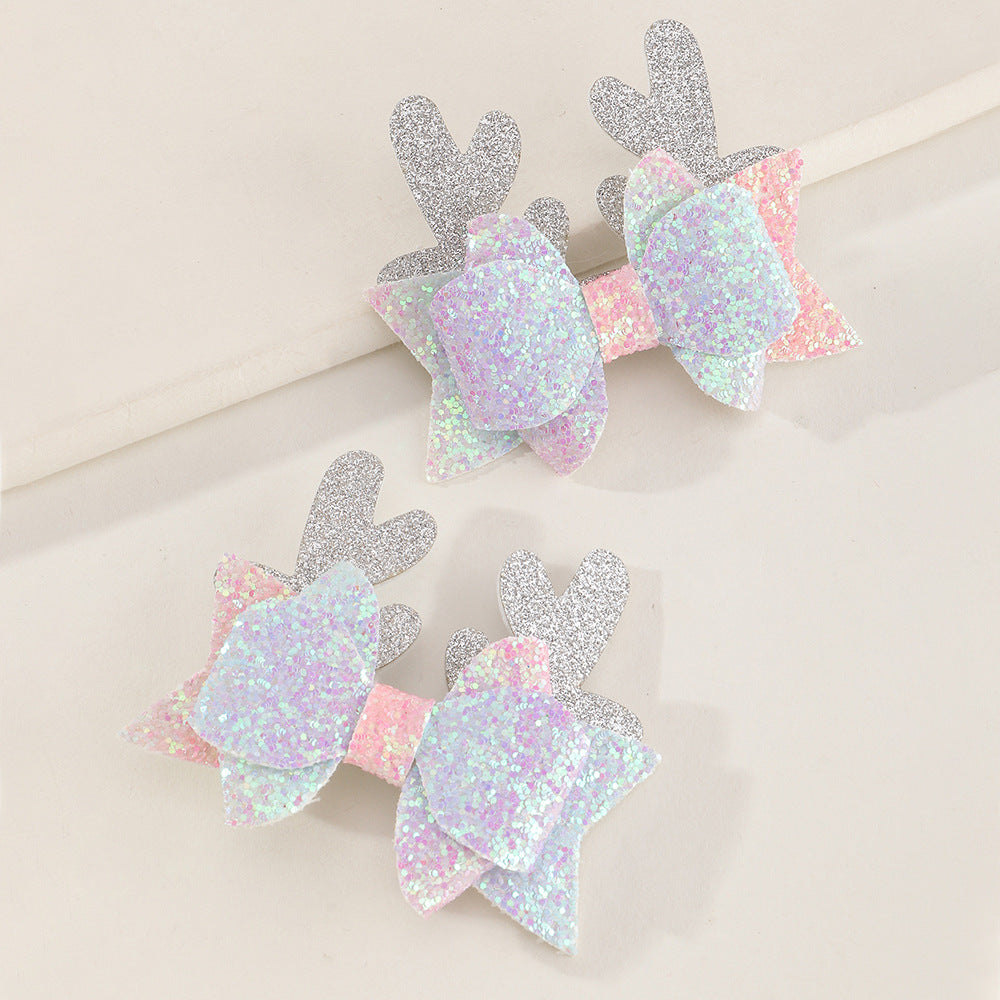 Handmade Bowknot Hair Clip Set for Girls with Deer Ear Design, Sparkling Sequins Accent, Fabric Material, Christmas and Fall Winter Collection