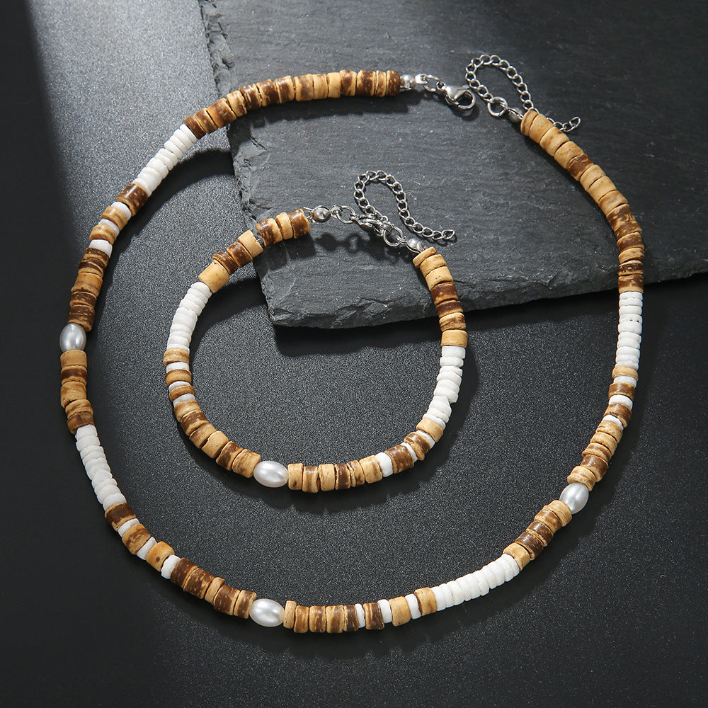 Retro Hip Hop Unisex Beaded Necklace with Coconut Shell Wood Chips Pearl Abalone Stainless Steel Pendant on O-Chain