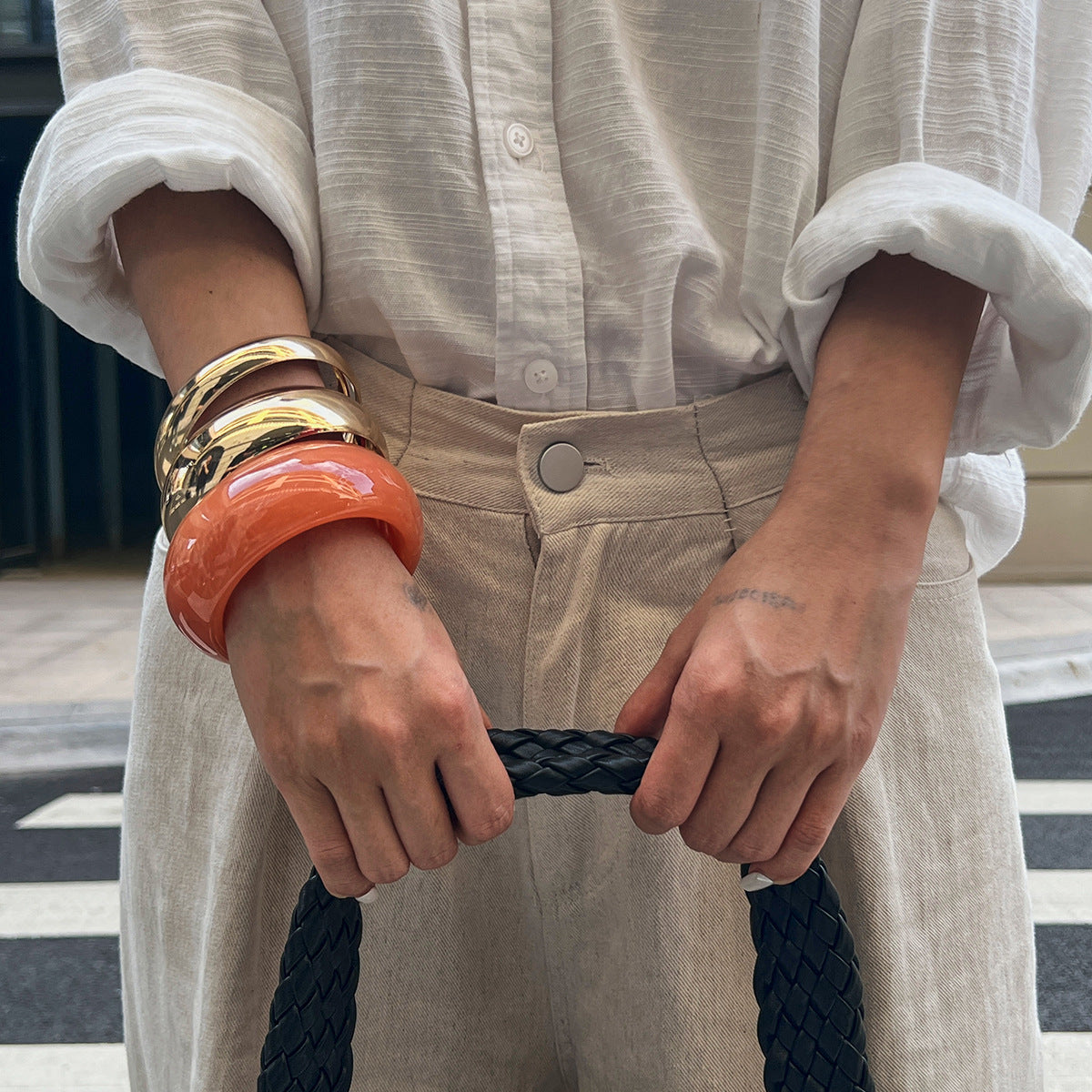 Minimalist Geometric Acrylic and Metal Wide Bangle Bracelet for Women with Polished Curved Surface and Plated Finish