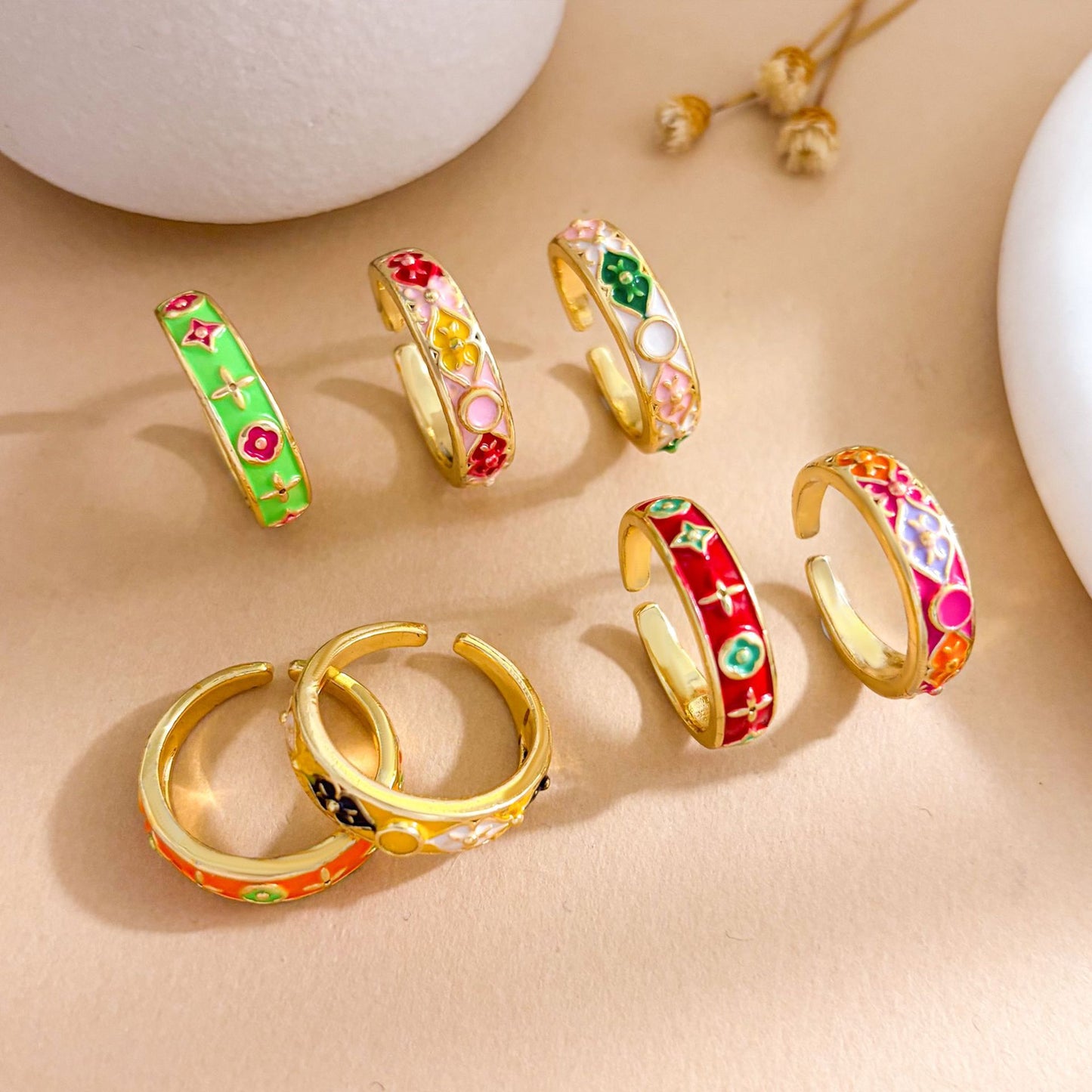 Vintage Sweet Gold Plated Brass Enamel Geometric Open Ring for Women