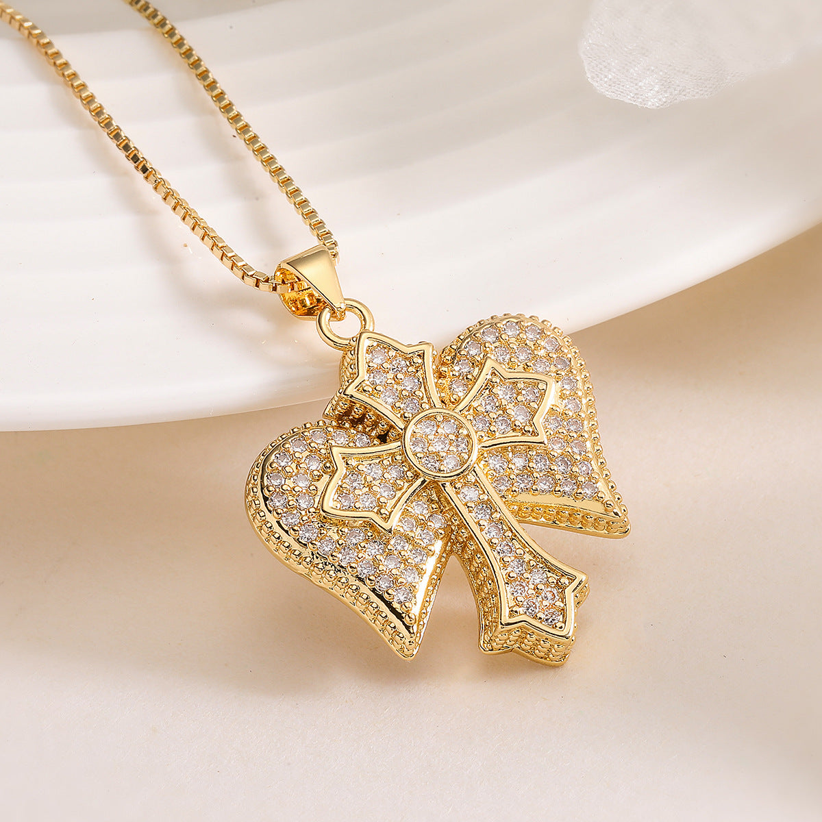 Minimalist Elegant 18K Gold Plated Brass Geometric Cross Pendant Necklace with Cubic Zirconia for Women