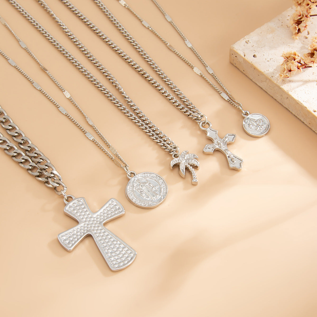 Vintage-Inspired Geometric Coconut Tree Cross Pendant Necklace for Women with Electroplated Alloy and Flat Cross Chain