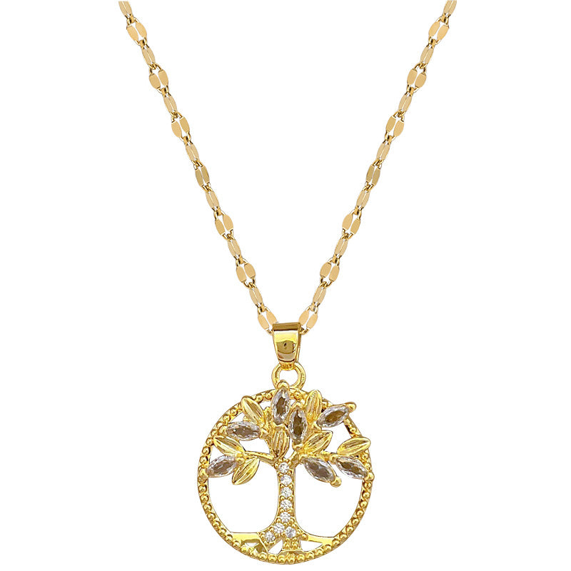 Collana con ciondolo Albero della Vita geometrico di lusso, fresca e dolce, in acciaio al titanio con strass