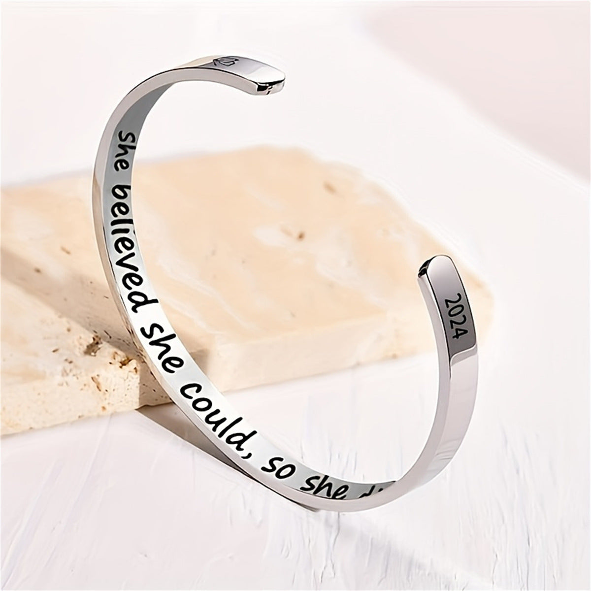 Adjustable C-Shaped Stainless Steel Engraved Bracelet with Inspirational Message, Minimalist Geometric Design