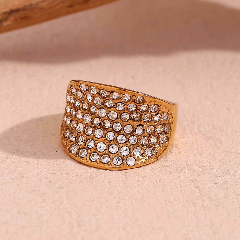 Minimalist Geometric Stainless Steel Plated 18K Gold Wide Concave Finger Ring with Micro-Pavé Rhinestones for Women