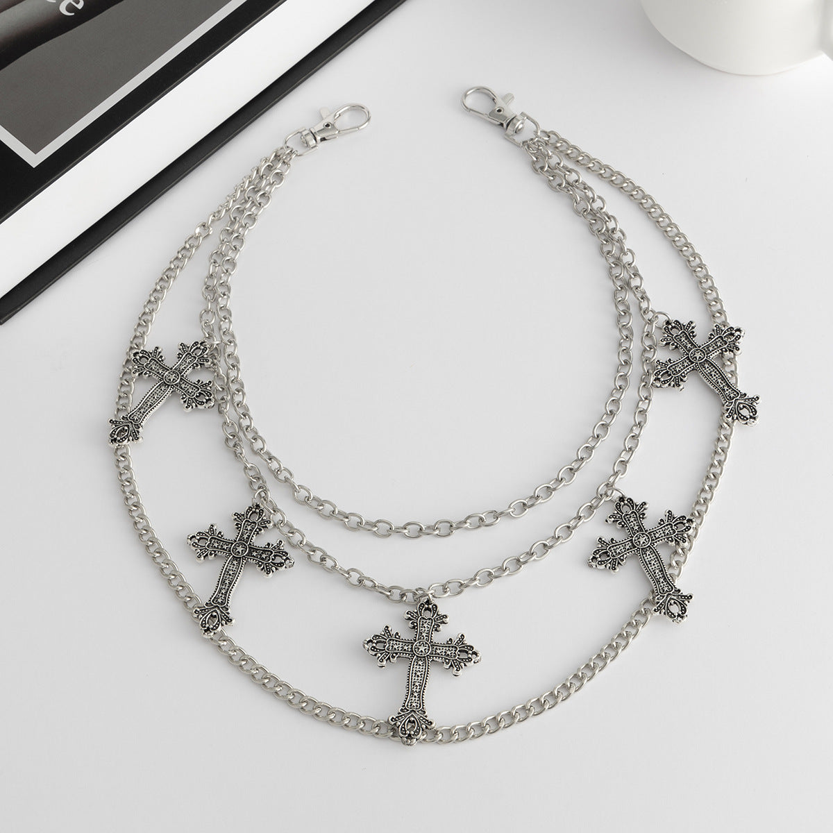 Punk Hip-hop Zinc Alloy Polished Cross Star Pendant Multi-layer Waist Chain