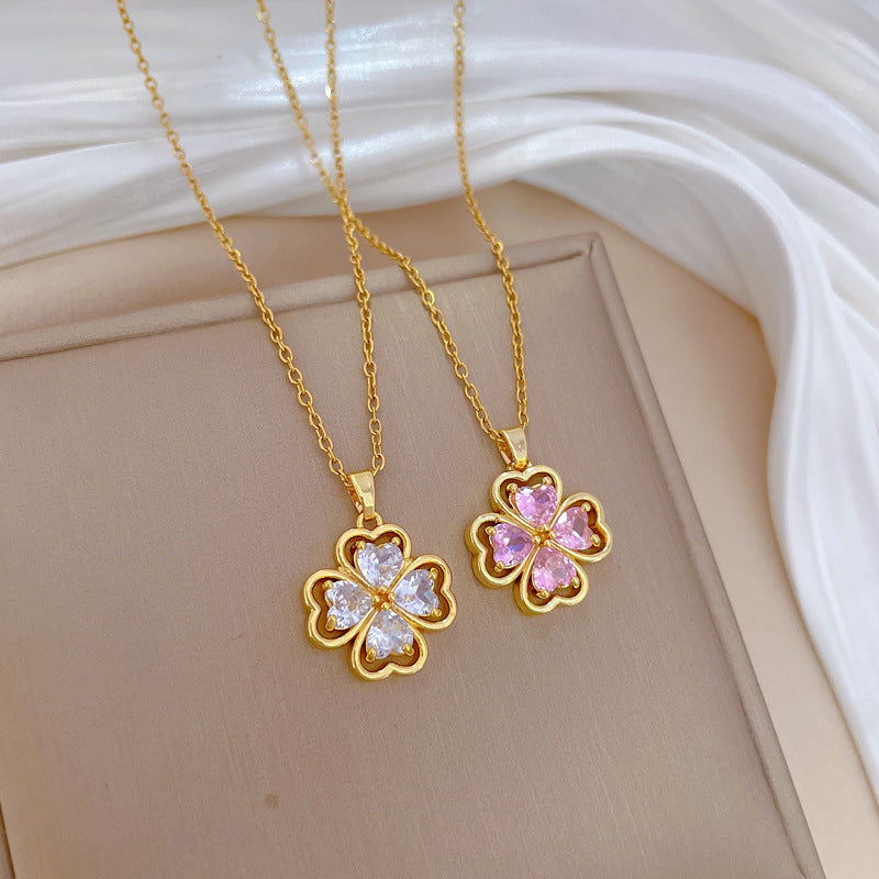 Minimalist Clover Pendant Necklace for Women and Men in Titanium Steel with Gold Plating and Rhinestone Inlay on O-Chain