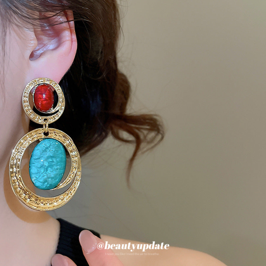 Pendientes de botón ovalados de resina, estilo étnico vintage, con diseño geométrico y postes de acero chapado en oro para mujer