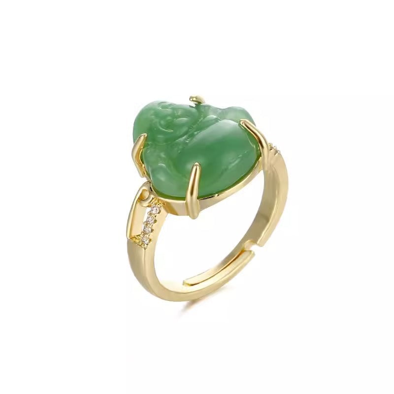 Anello Buddha di Design Originale in Rame Placcato Oro 18K con Intarsio in Giada, Fascia Aperta Regolabile per Donna