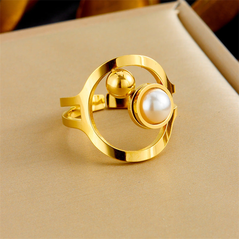 Elegant Round Plated Stainless Steel Pearl Bean Necklace Earring Ring Set with Snake Chain