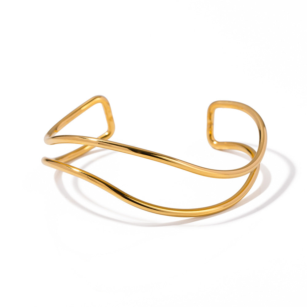 INS Style Geometric Textured Wide Cuff Bracelet for Women Made of Stainless Steel with 18K Gold Plating