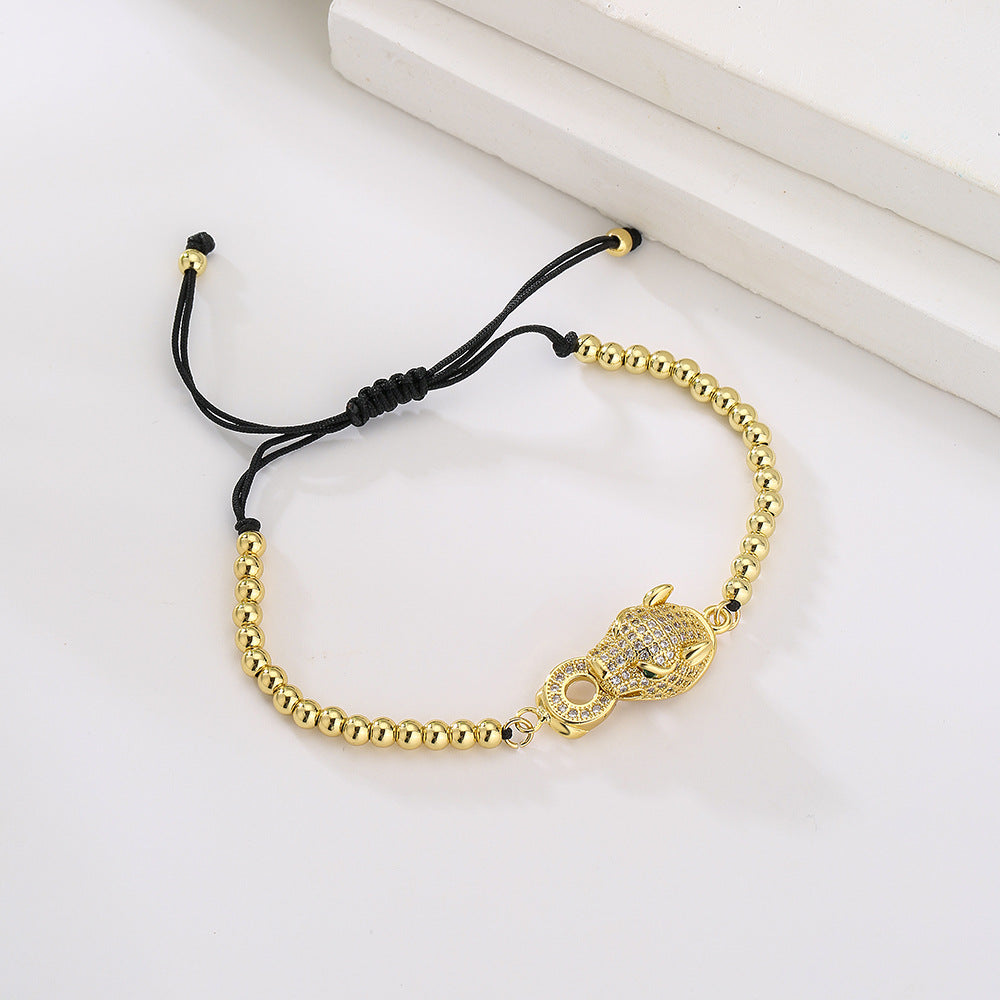 Minimalist Geometric Leopard Charm Adjustable Drawstring Bracelet for Women in Brass with 18K Gold Plating and Zircon