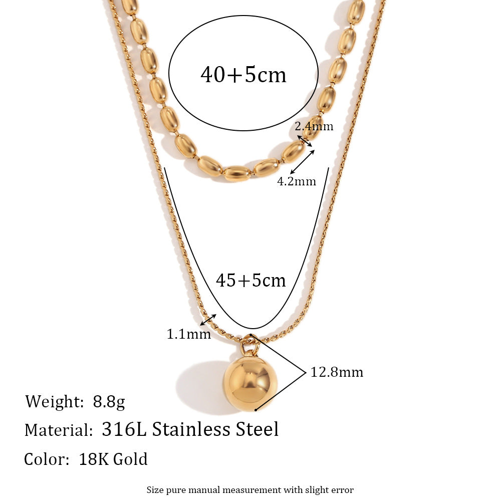 Minimalist Geometric Stainless Steel Pendant Necklace for Women with 18K Gold Plating and Double-Layer Pearl Beads