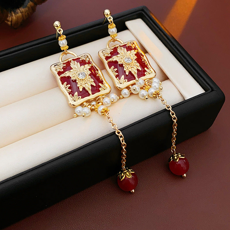 Chic Floral and Geometric Square Pearl Stud Earrings with Rhinestone Inlay and 925 Sterling Silver Posts