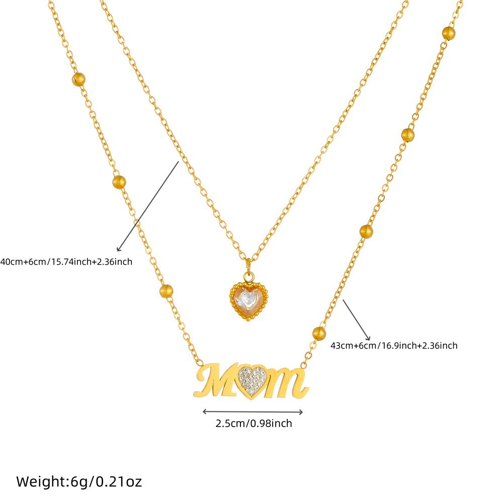 Minimalist Elegant Heart Letter MOM Rhinestone Inlay Stainless Steel Necklace Cable Chain Layered
