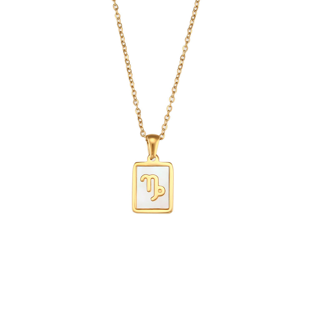 Collana con ciondolo segno zodiacale alla moda da donna con catena in acciaio inossidabile e intarsio in conchiglia naturale a forma di quadrato geometrico