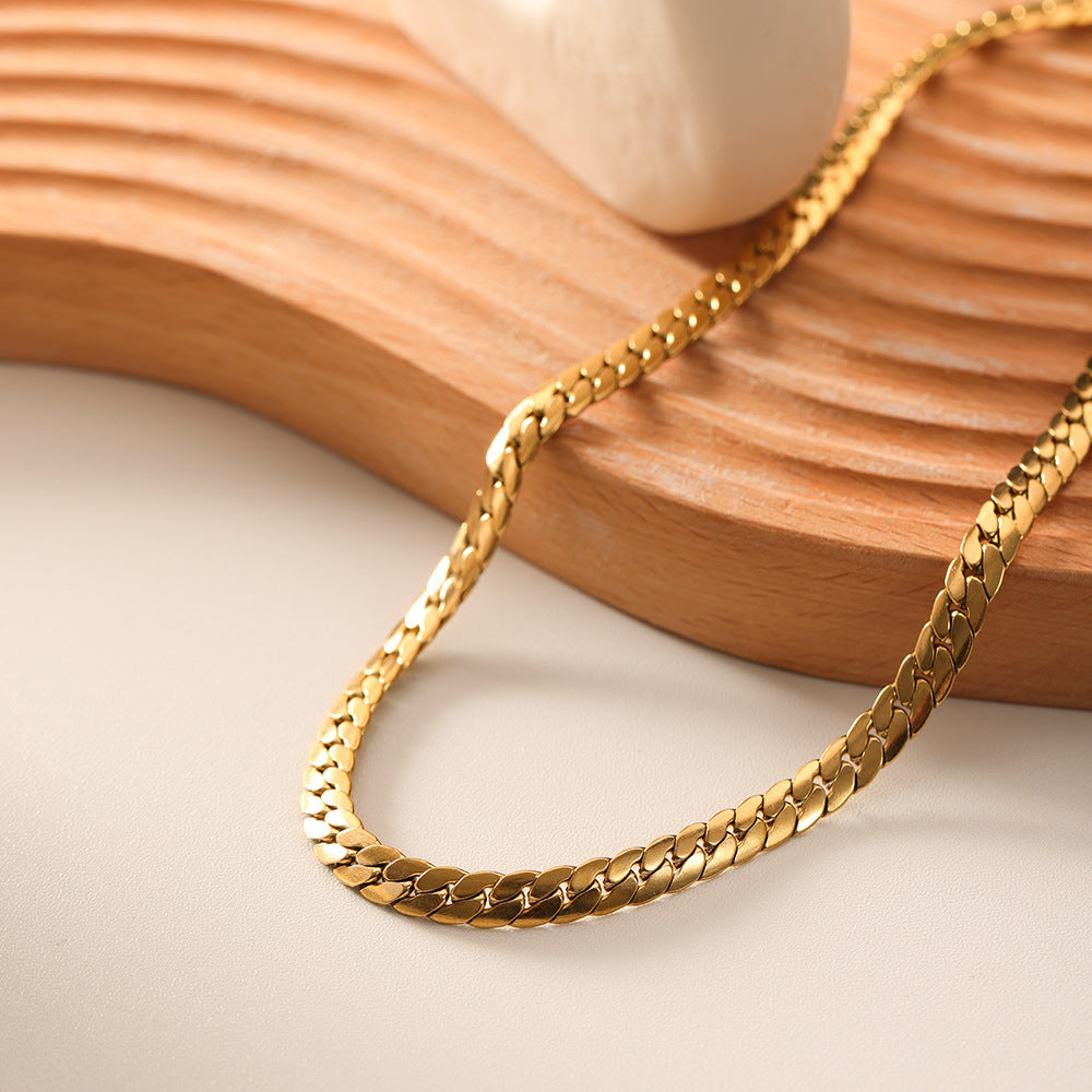 Minimalist Stainless Steel Snake Chain Necklace for Women with 18K Gold Plating, Flat Link Design, Fade-Resistant Fashion Jewelry