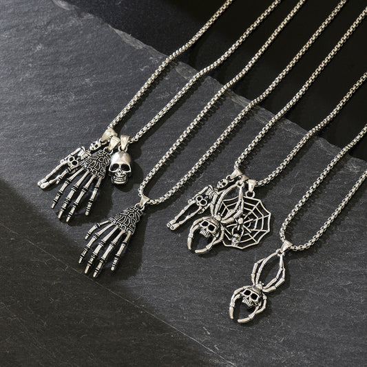 Punk Halloween Necklace with Skull and Spider Pendant, Dark Gothic Style Alloy Choker, Electroplated Unisex Statement Jewelry