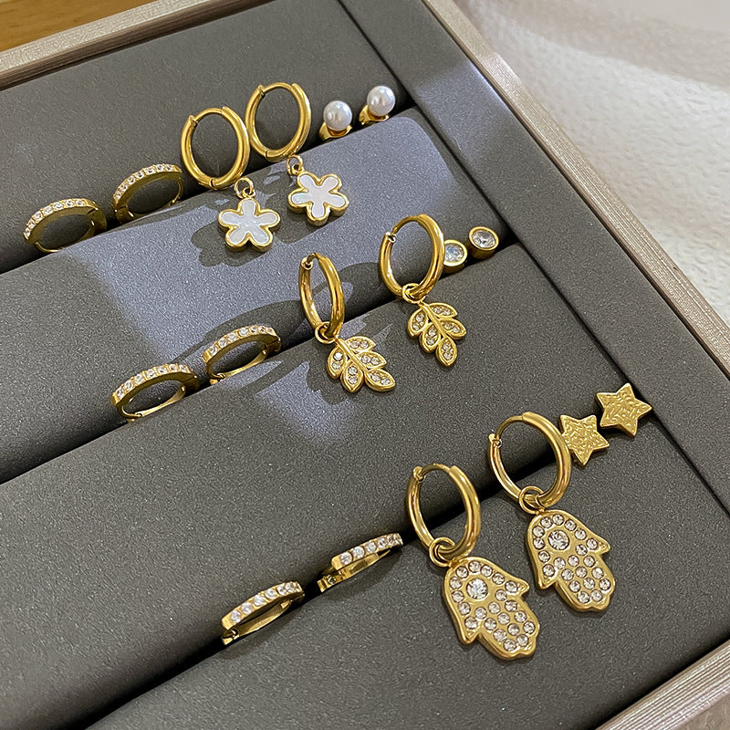 Minimalist Sweet Micro-set Diamond Plant Shape Brass Plated Earrings Set