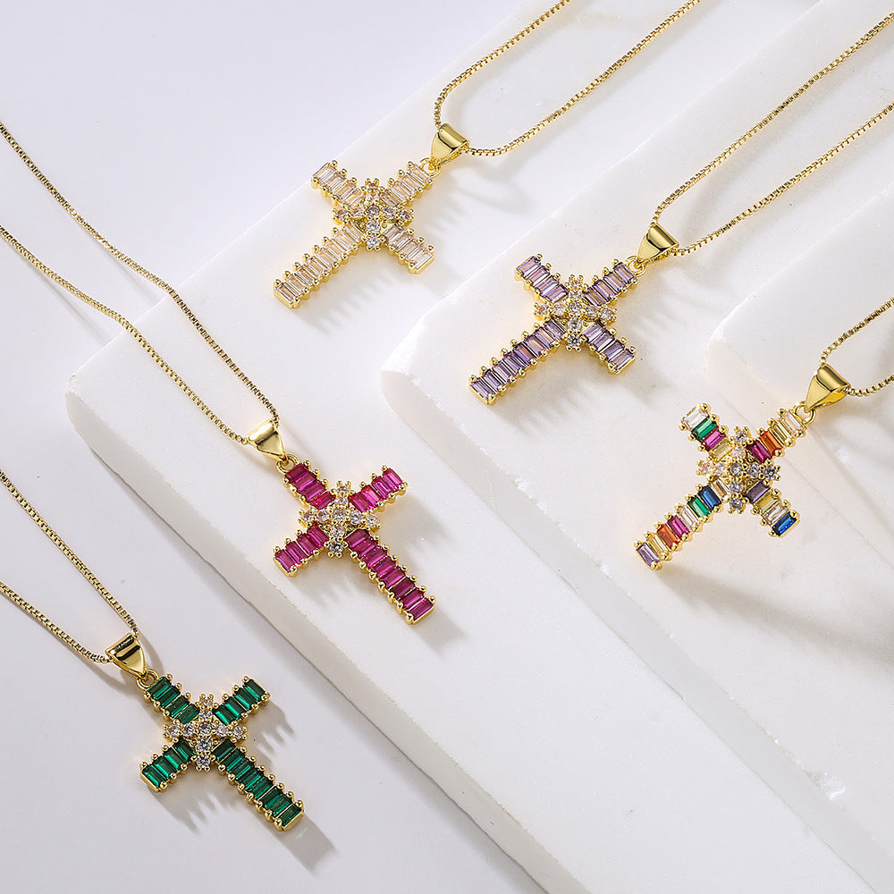 Geometric Pendant Necklace for Women in Copper with Real Gold Plating and Zircon Inlay, Hip-Hop Style