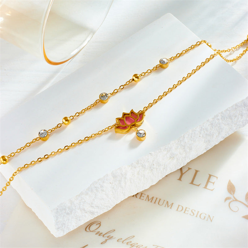 Fashion Floral Lotus Pendant Titanium Steel Anklet with Rhinestone Accents