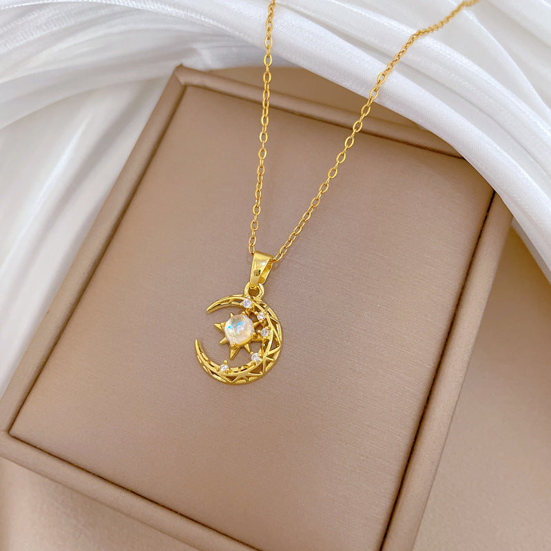 Sweet Elegant Moon Star Geometric Rhinestone Titanium Steel Necklace Unisex Cable Chain