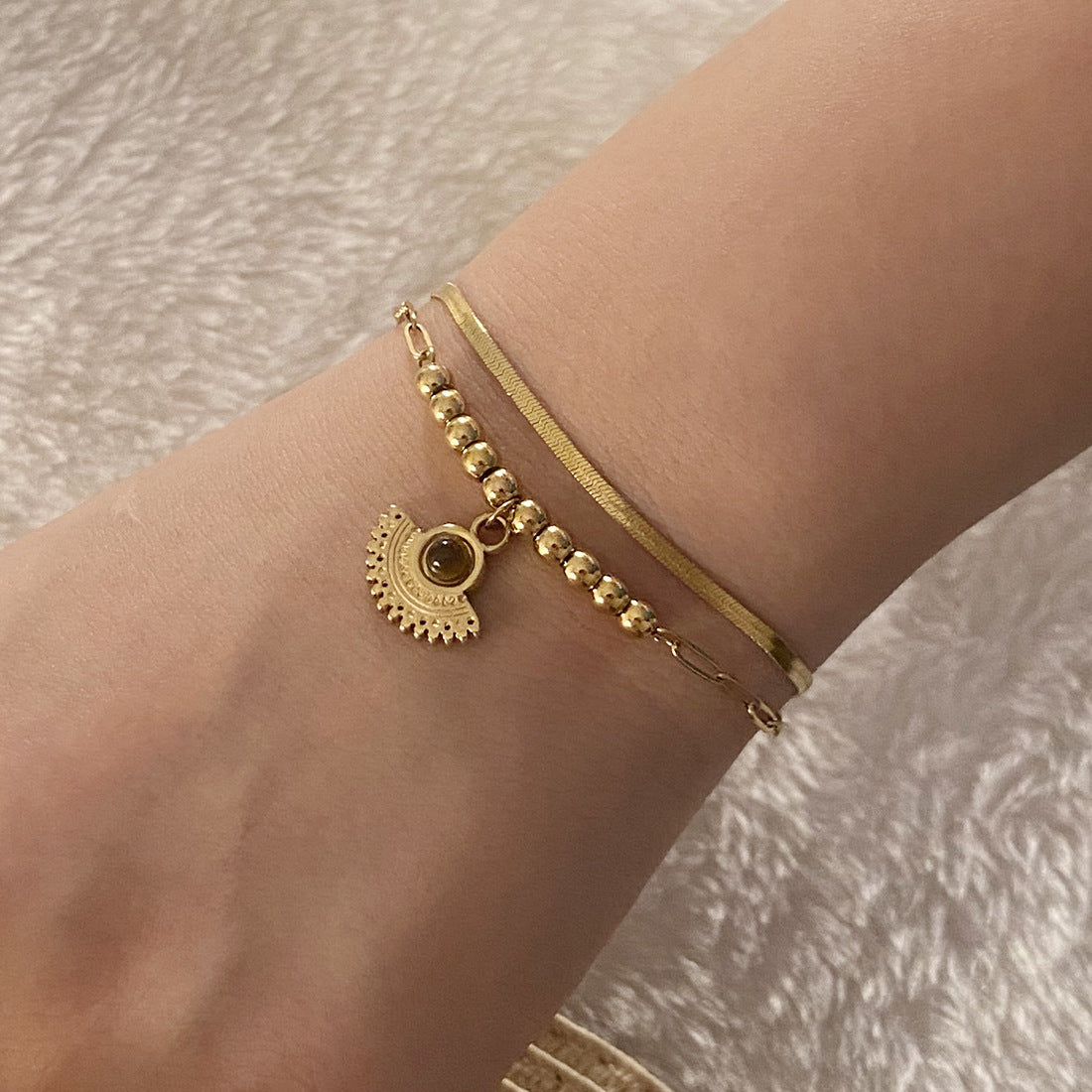 Retro Chic Geometric Stainless Steel Plated Bracelet with Round and Square Polka Dot Accents for Women