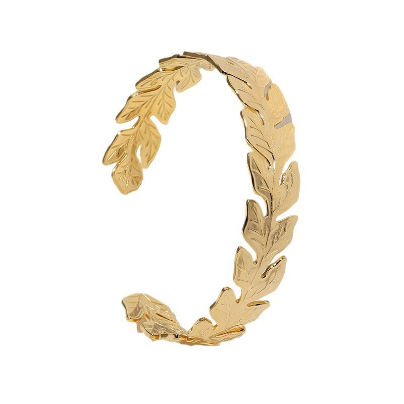 Natural Style Leaf-Shaped Titanium Steel Bracelet with Adjustable Opening and Electroplated Finish