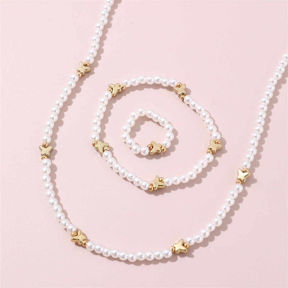 Simpatico Set di Gioielli per Bambini a Forma di Farfalla e Stella Collana Anello Braccialetto Pendente in Resina Plastica Lega Fatto a Mano con Perline Rotonde Catena
