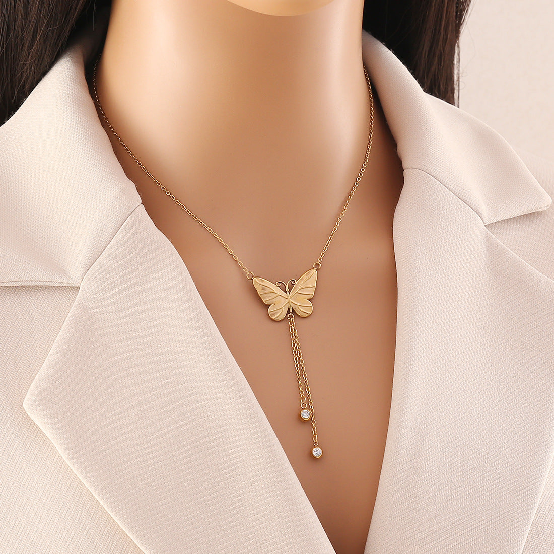 Fashionable Butterfly Pendant Necklace in Stainless Steel with Plated Finish and Snake Chain for Women