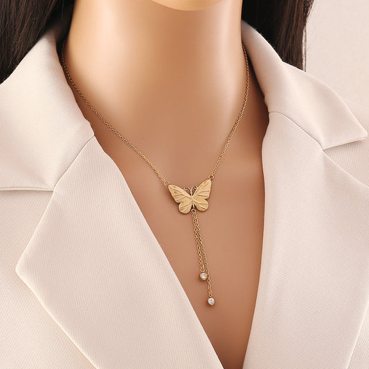 Fashionable Butterfly Pendant Necklace in Stainless Steel with Plated Finish and Snake Chain for Women
