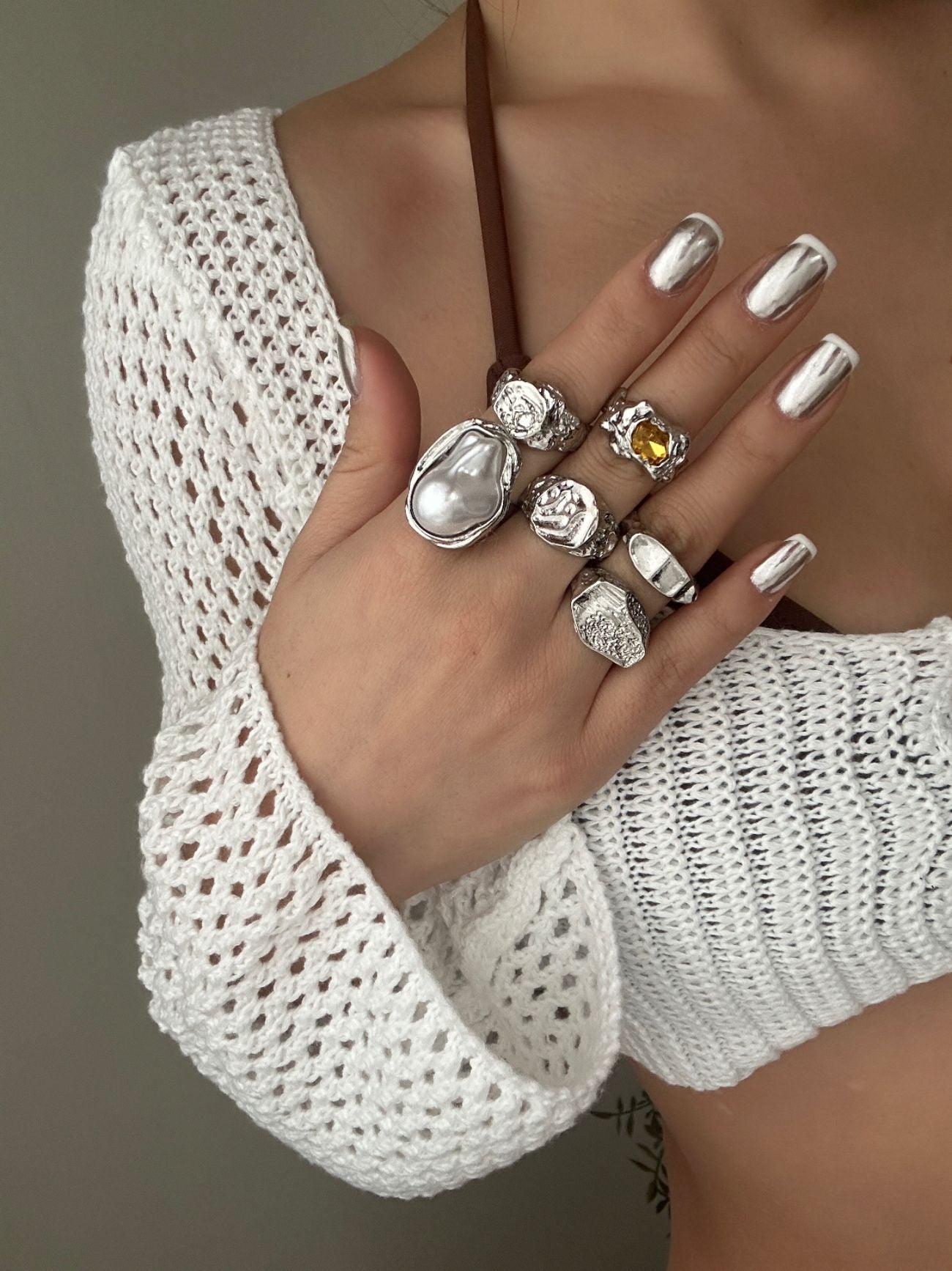 Vintage Rhinestone and Pearl Floral Alloy Ring Set