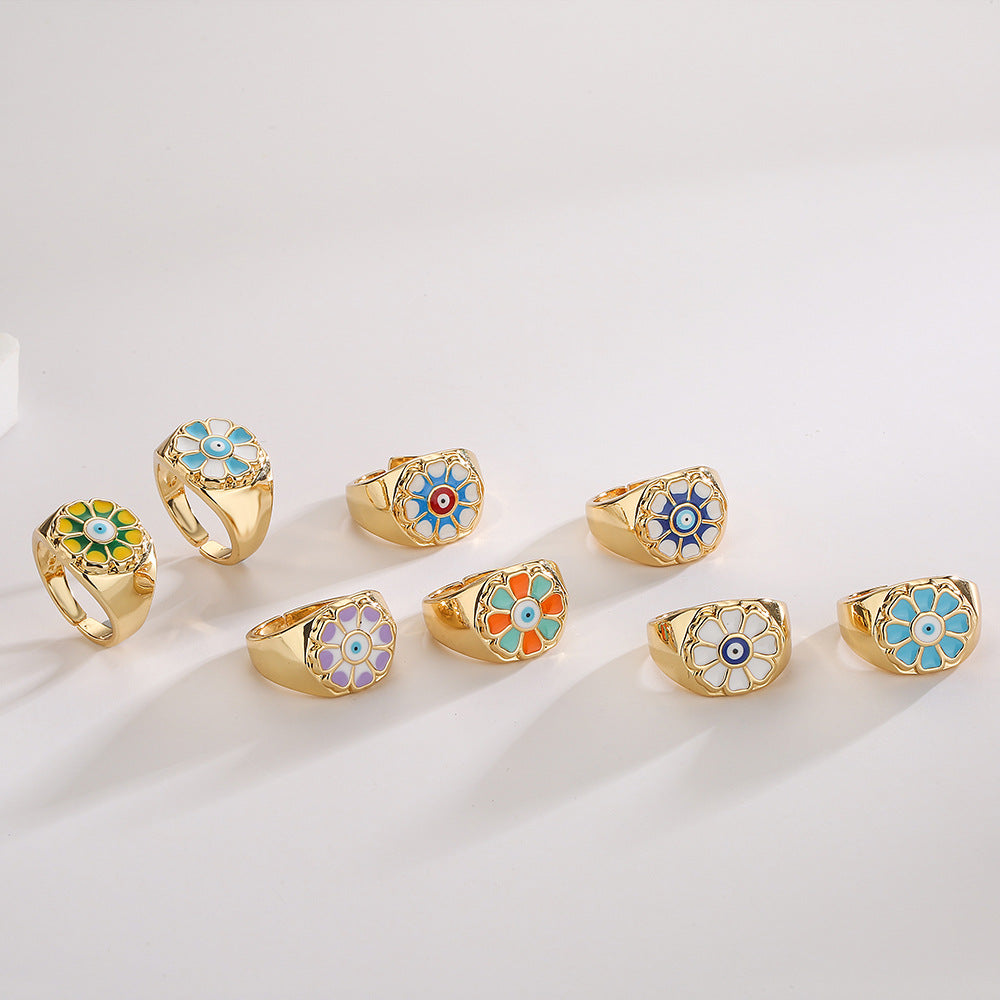 Bohemian Copper Ring with 18K Gold Plating and Enamel Floral Design for Women