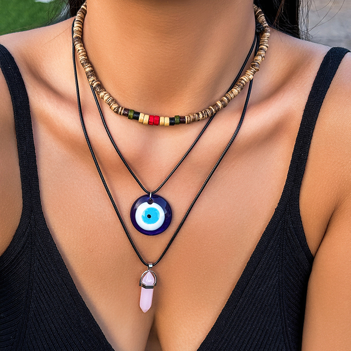 Y2K Blue Evil Eye Geometric Alloy Pendant Beaded Wax Cord Necklace for Women