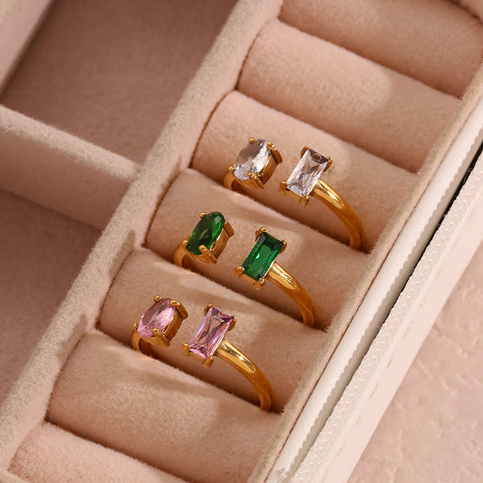 Minimalist Geometric Stainless Steel Plated Oval and Square Zirconia Open Ring for Women