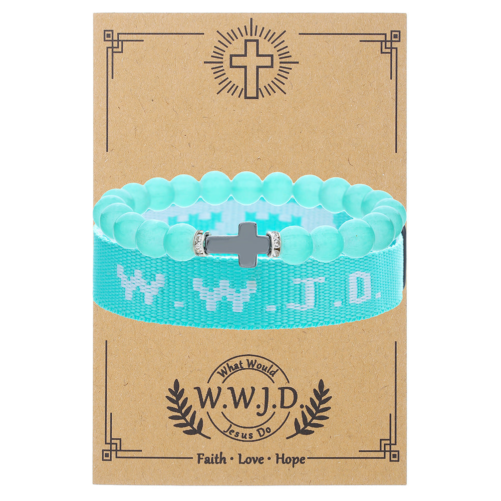 WWJD Letter Cross Turquoise Pearl Crystal Resin Beaded Bracelet Set