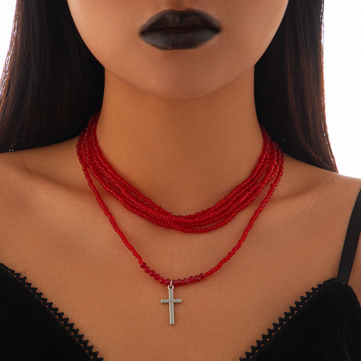 Elegant Geometric Cross Alloy Plated Multi-layer Beaded Necklace Set for Women