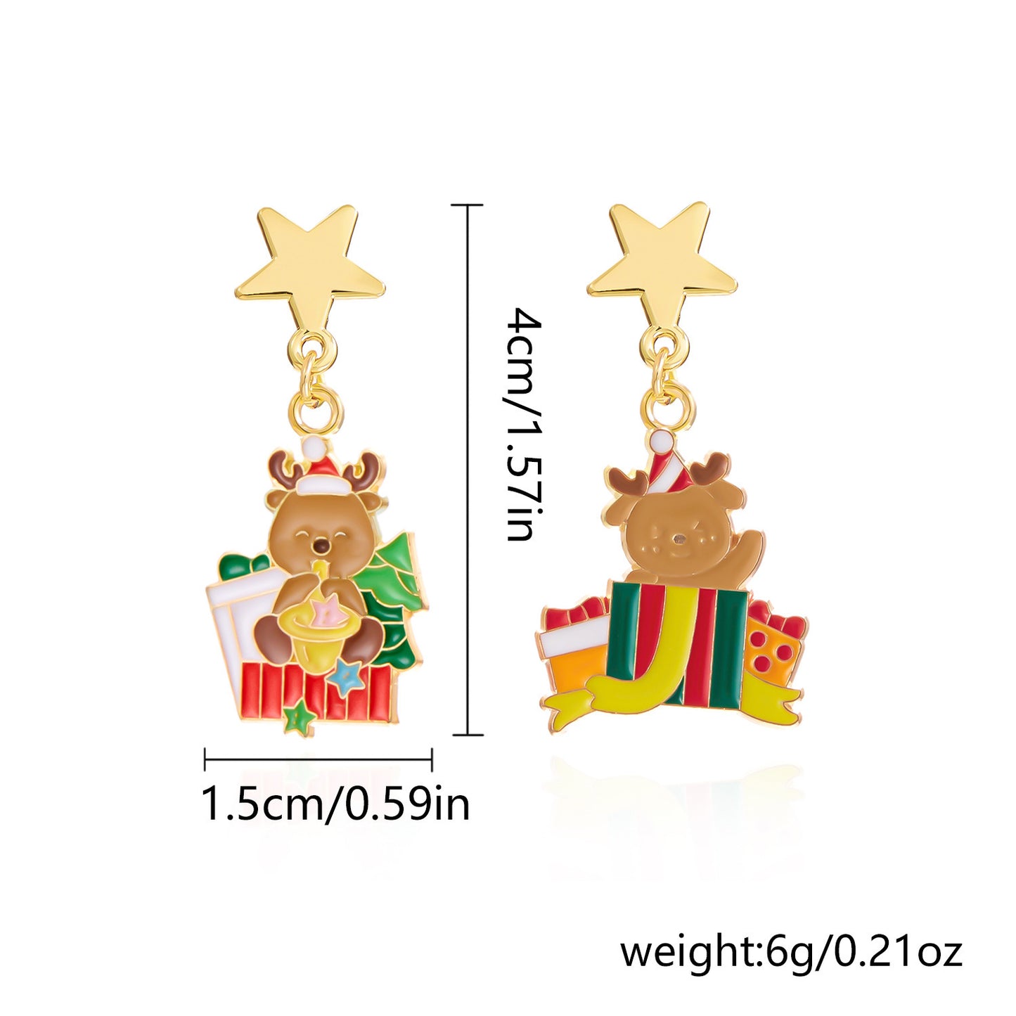 Set di orecchini e collana in lega a tema natalizio con ciondolo geometrico smaltato raffigurante renne e Babbo Natale