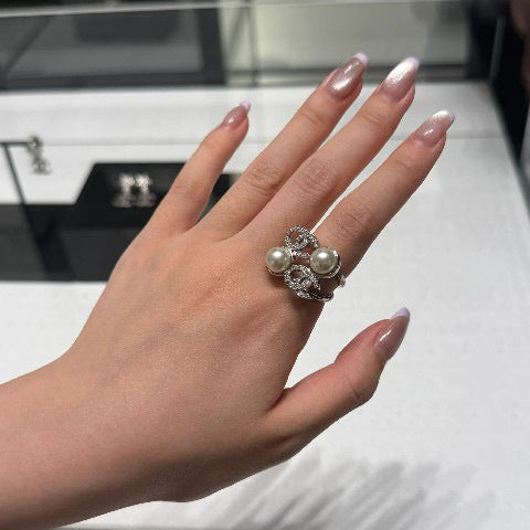Luxury Gold Plated Brass Letter Ring with Rhinestone and Pearl