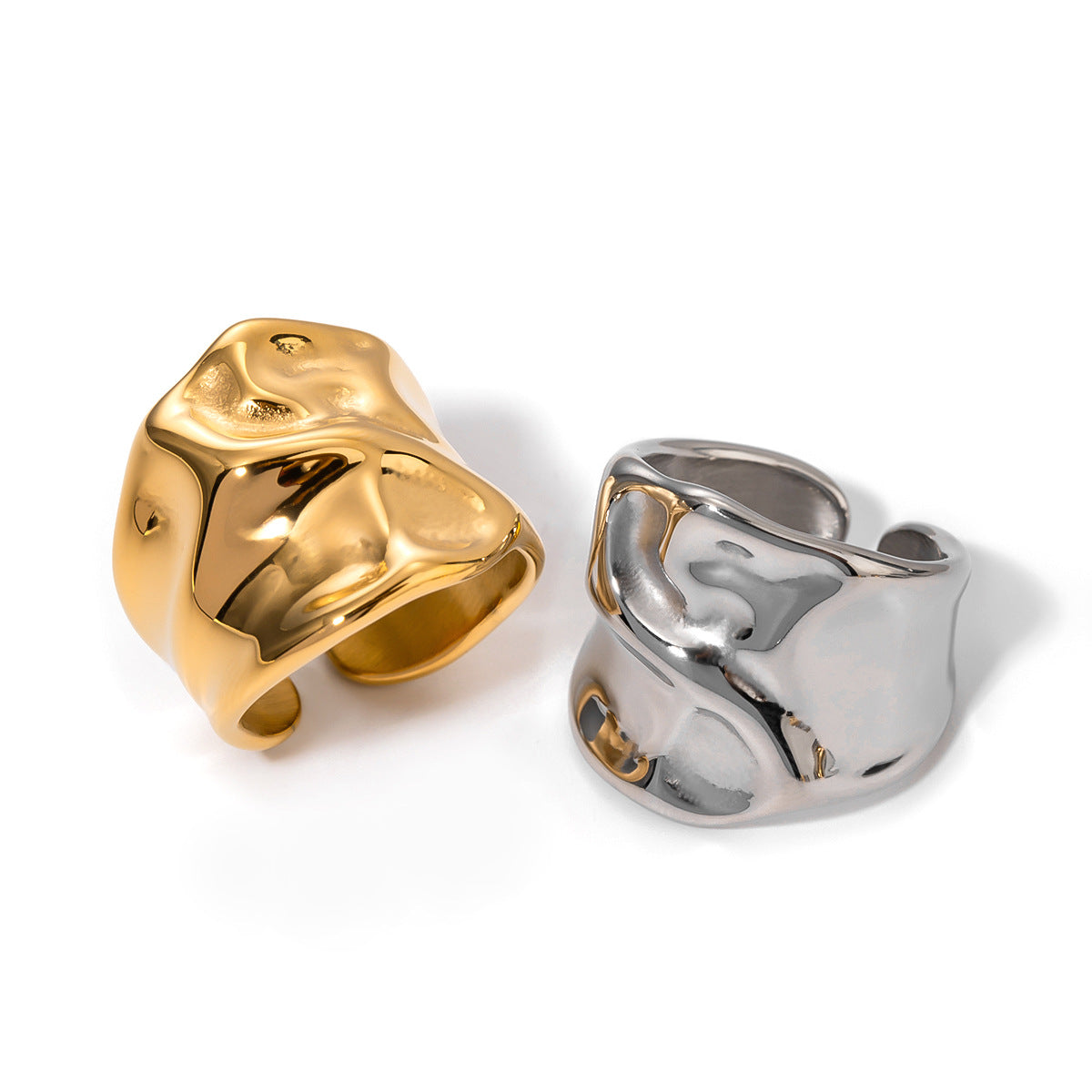 Anello Aperto Martellato Unisex in Acciaio Inox Placcato Oro 18K Design Unico Minimalista