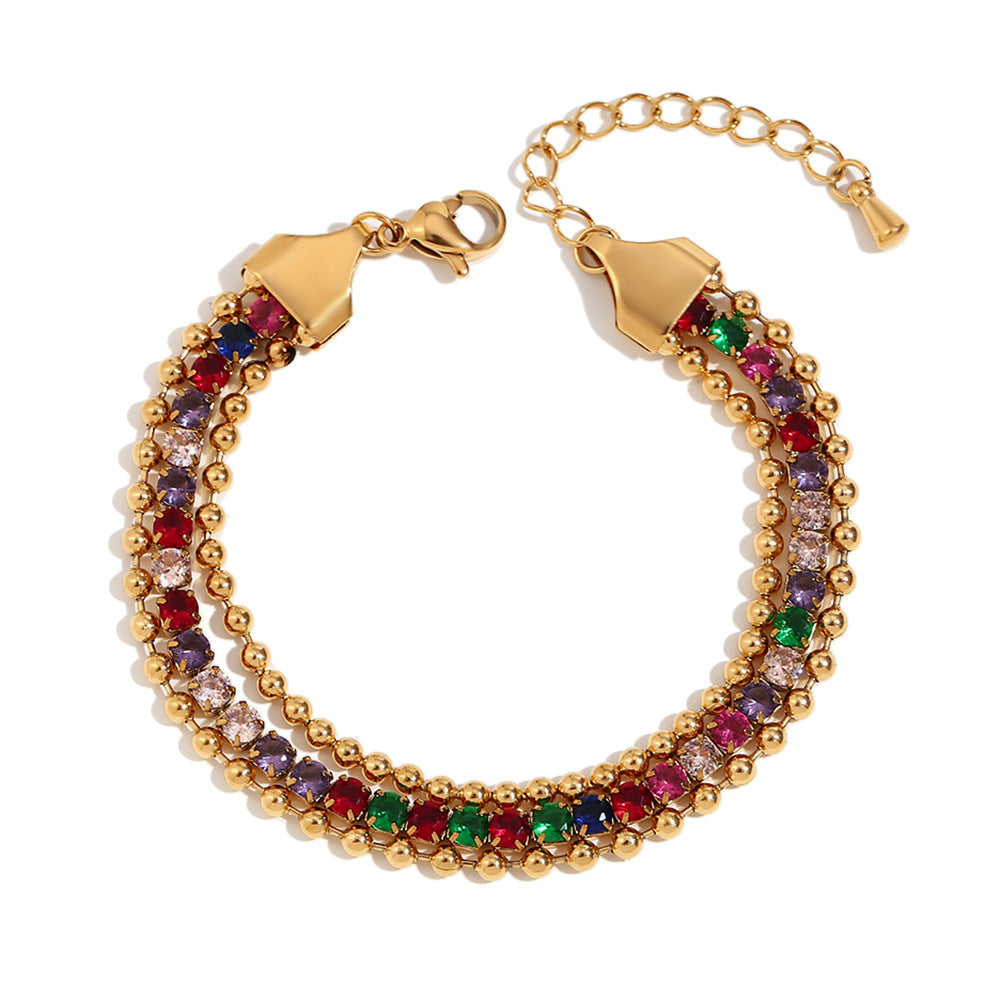 Vintage-Inspired Geometric Heart and Floral Stainless Steel Bracelet for Women with 18K Gold Plating and Micro-Pave Detailing