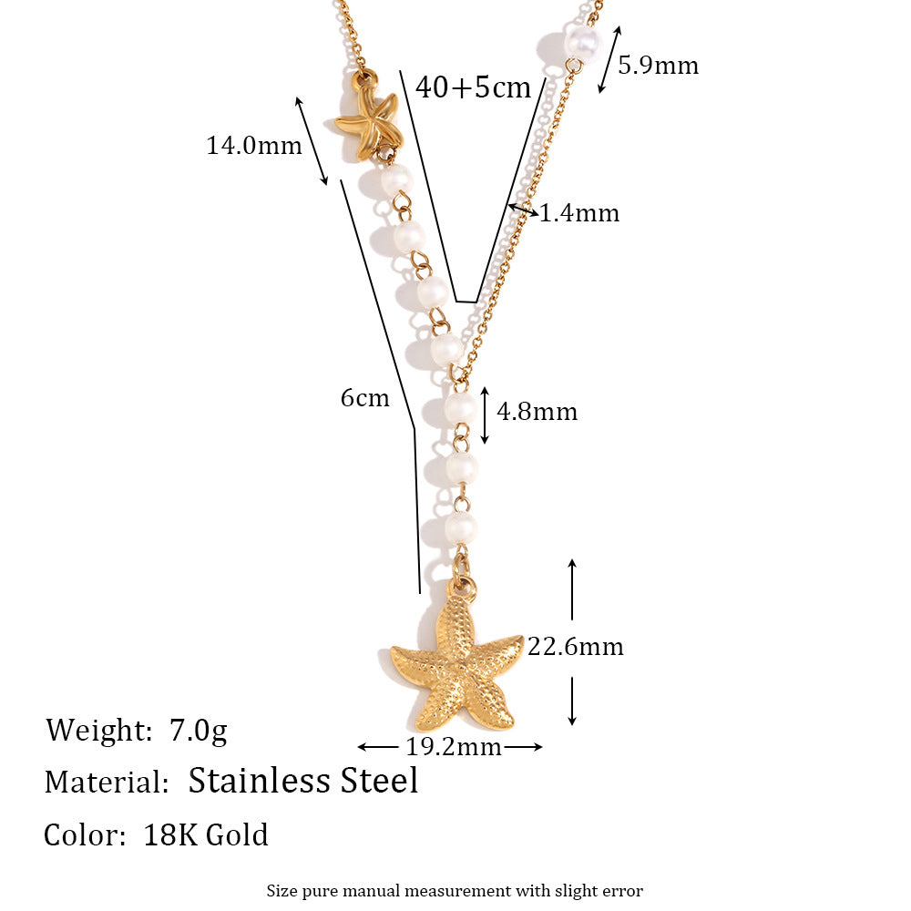 Collana pendente a forma di stella marina asimmetrica vintage con catena in acciaio inossidabile e placcatura in oro 18 carati con dettagli in perle