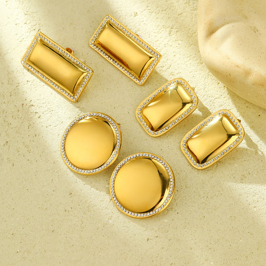 Luxury Minimalist Geometric Stainless Steel Earrings with 18K Gold Plating and White Rhinestone Inlay, Rectangular Titanium Steel Design for Women