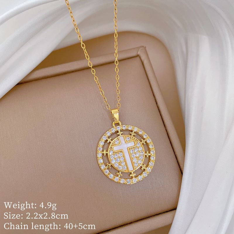 Sweet Minimalist Cross Micro-Inlaid Cubic Zirconia Brass Pendant Titanium Steel Necklace for Unisex