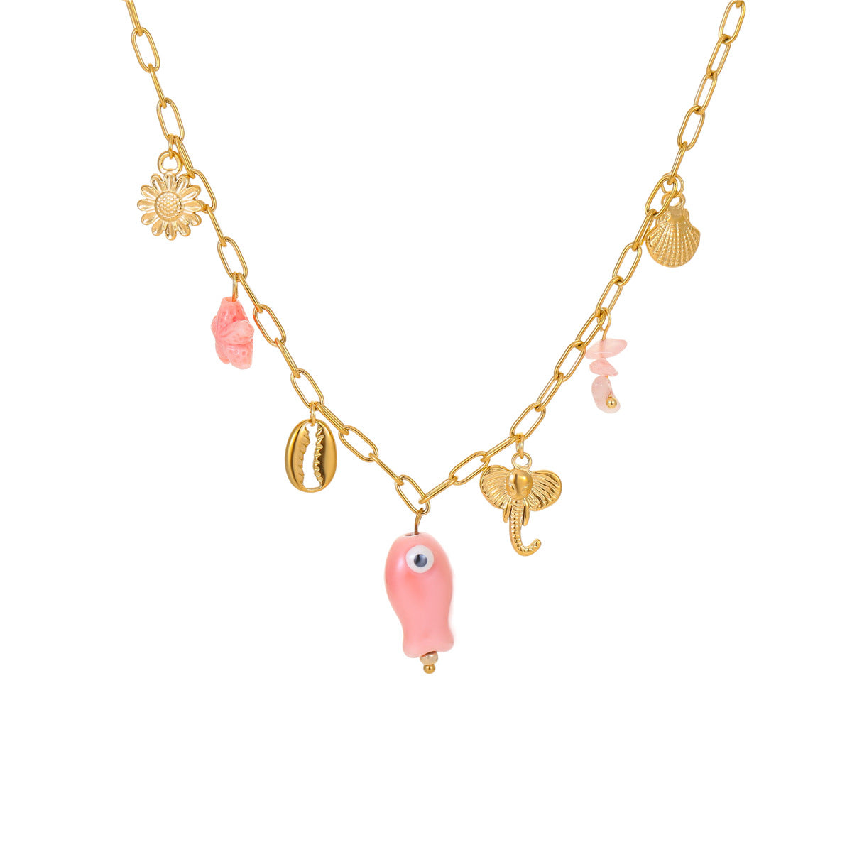 Collana da donna alla moda in acciaio inossidabile a tema marino con ciondoli a forma di pesce, stella marina e conchiglia
