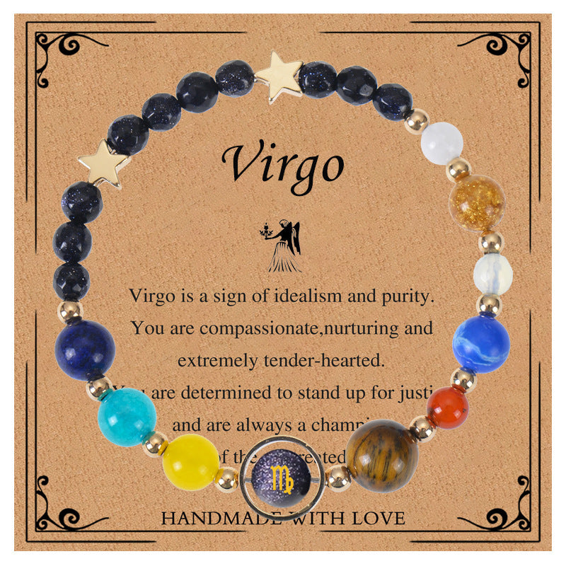 Elegant Geometric Natural Stone Obsidian Crystal Blue Sandstone Bracelet Unisex Zodiac Galaxy Universe Star Beaded Bracelet
