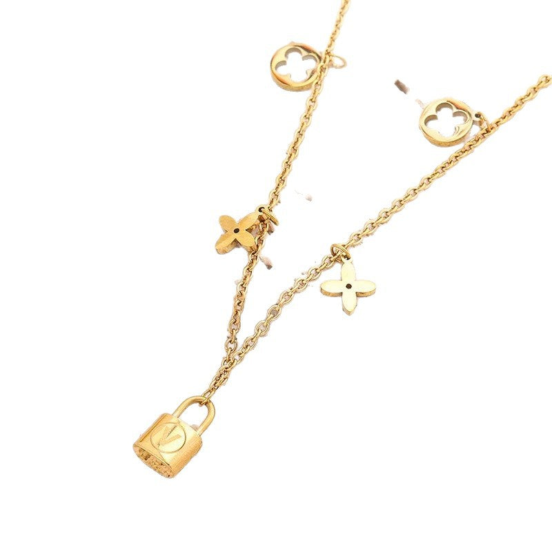 Minimalist Titanium Steel Geometric Lock Pendant Necklace for Women