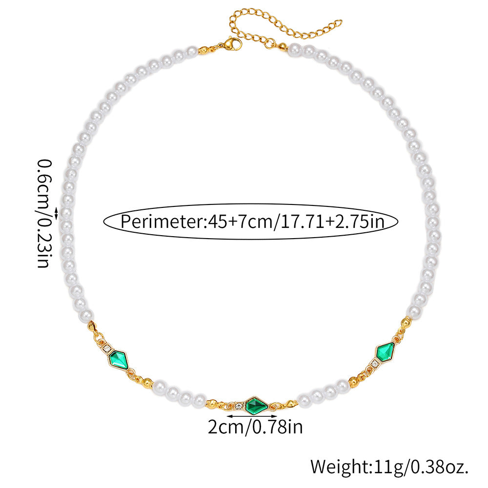 Unique Geometric Imitation Pearl Plated Ball Chain Necklace with Rhinestone Inlay for Unisex