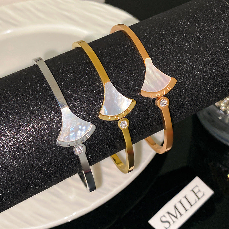 Fashion Titanium Steel Plated Mother of Pearl Skirt Cuff Bracelet